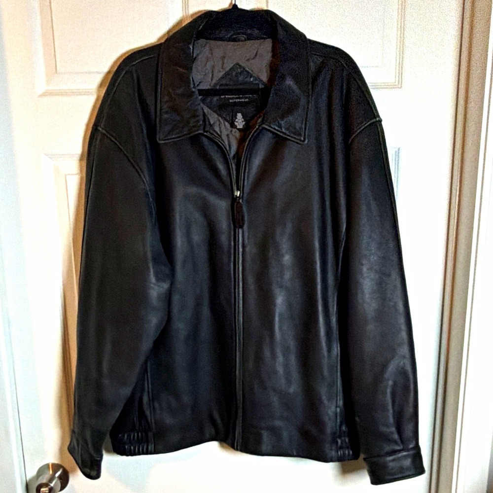 Preswick & Moore Men's XXL Black Leather Full Zip Jacket Point Collar Pockets